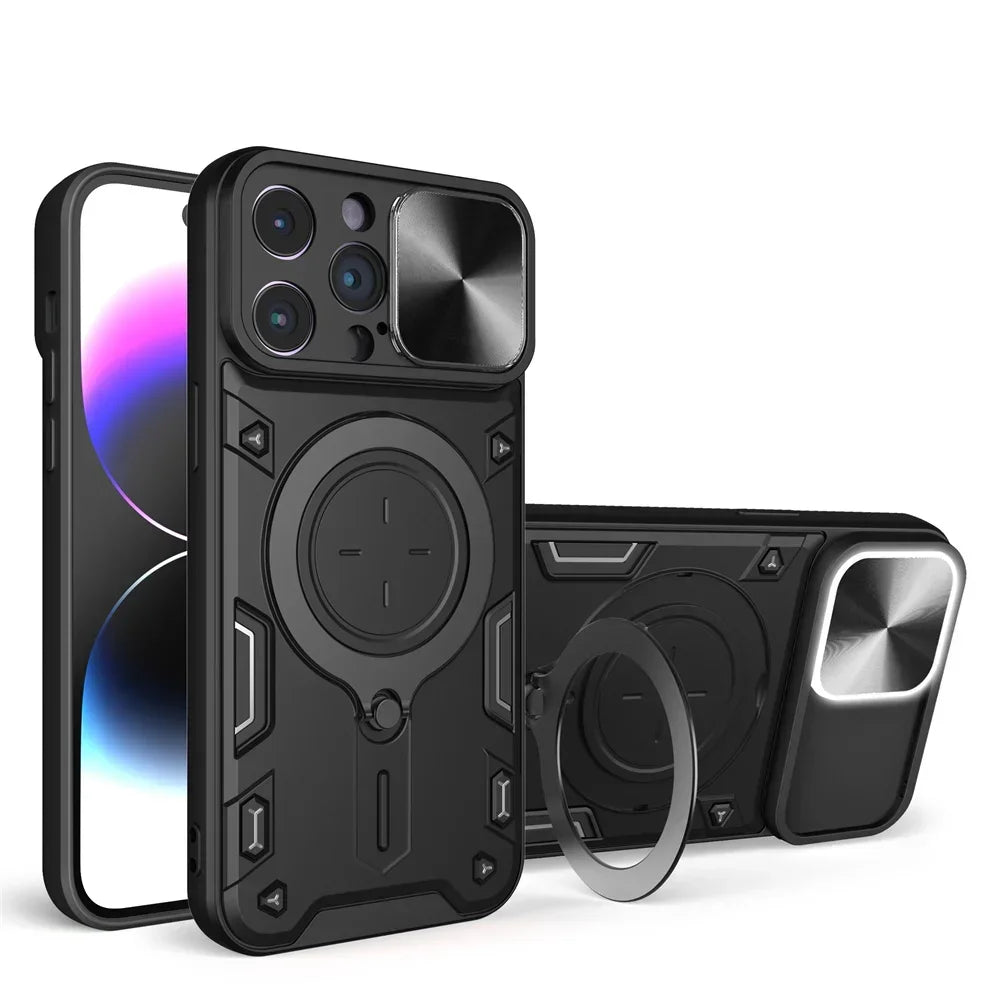 Case For iPhone 15 14 13 12 11 Pro Max 15 Plus XR XS 8 7 Magnetic Slide Camera Protection 360 Rotate Kickstand Armor Ring Cover
