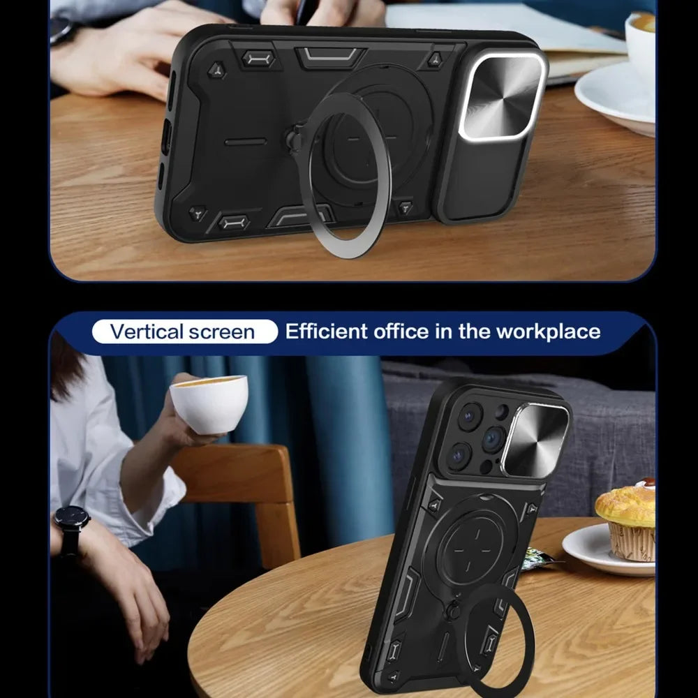 Case For iPhone 15 14 13 12 11 Pro Max 15 Plus XR XS 8 7 Magnetic Slide Camera Protection 360 Rotate Kickstand Armor Ring Cover