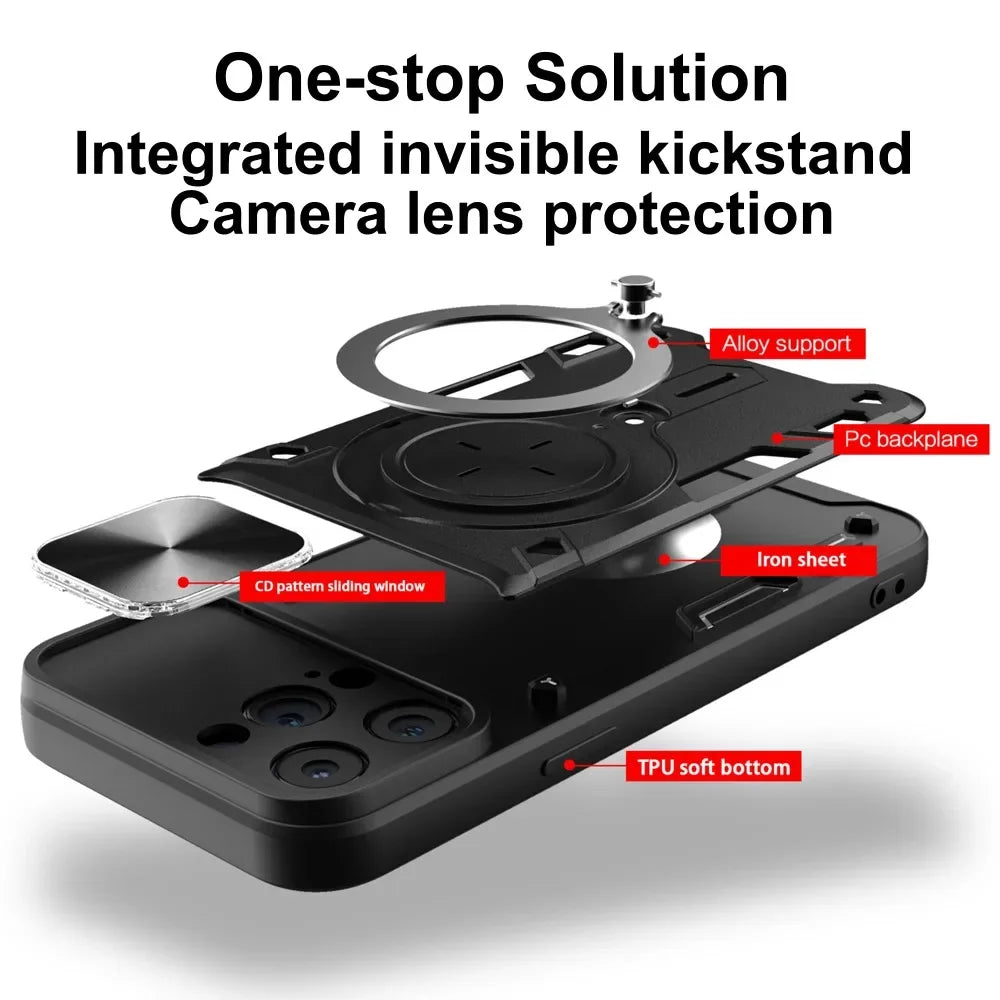 Case For iPhone 15 14 13 12 11 Pro Max 15 Plus XR XS 8 7 Magnetic Slide Camera Protection 360 Rotate Kickstand Armor Ring Cover