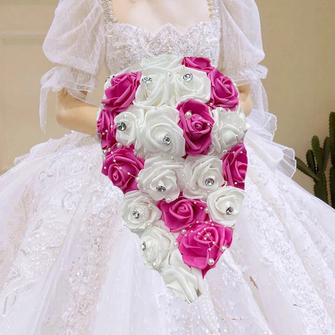1PC/LOT Waterfall New Wedding Bouquet Bride Bridesmaid Pearl Rhinestone PE Rose Flower for Marriage
