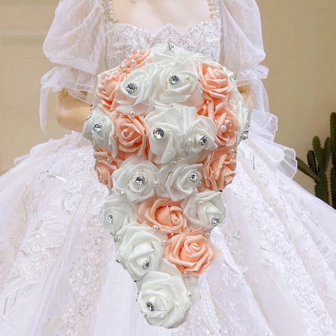1PC/LOT Waterfall New Wedding Bouquet Bride Bridesmaid Pearl Rhinestone PE Rose Flower for Marriage
