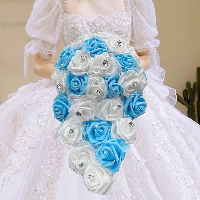 1PC/LOT Waterfall New Wedding Bouquet Bride Bridesmaid Pearl Rhinestone PE Rose Flower for Marriage