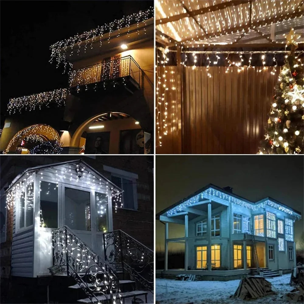 220V 110V Christmas Garland 96 LEDS Curtain Icicle String Lights Droop 0.4-0.6m Holiday Light Garden Street Outdoor Decorativ