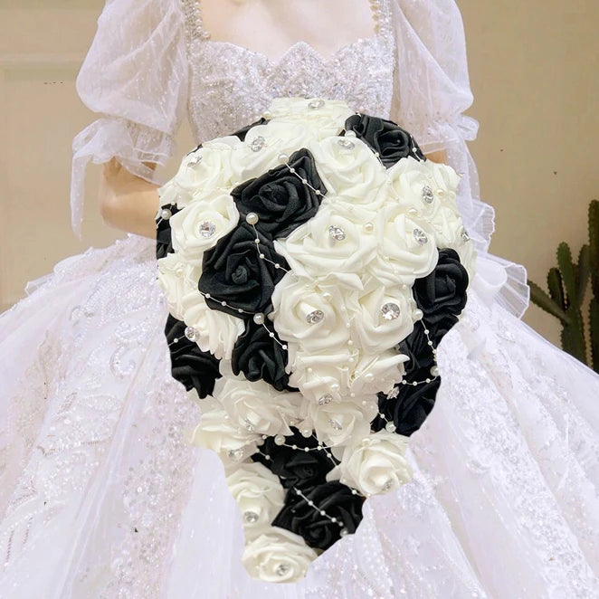 1PC/LOT Waterfall New Wedding Bouquet Bride Bridesmaid Pearl Rhinestone PE Rose Flower for Marriage
