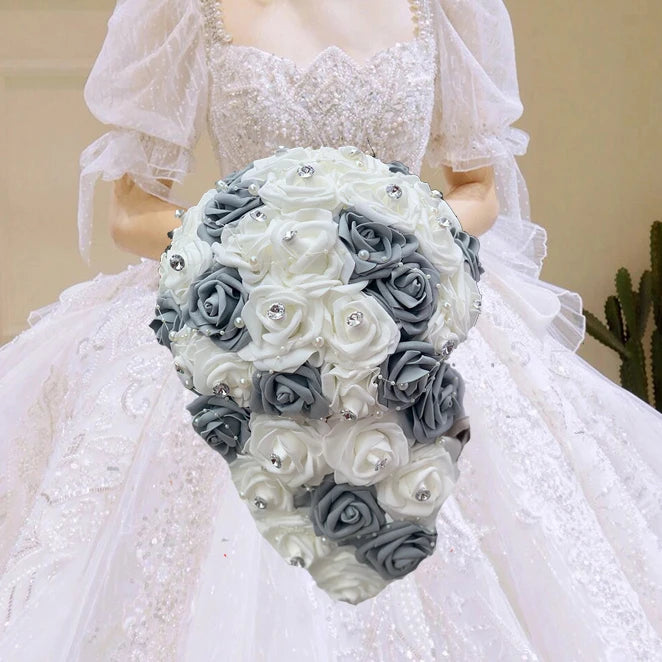 1PC/LOT Waterfall New Wedding Bouquet Bride Bridesmaid Pearl Rhinestone PE Rose Flower for Marriage