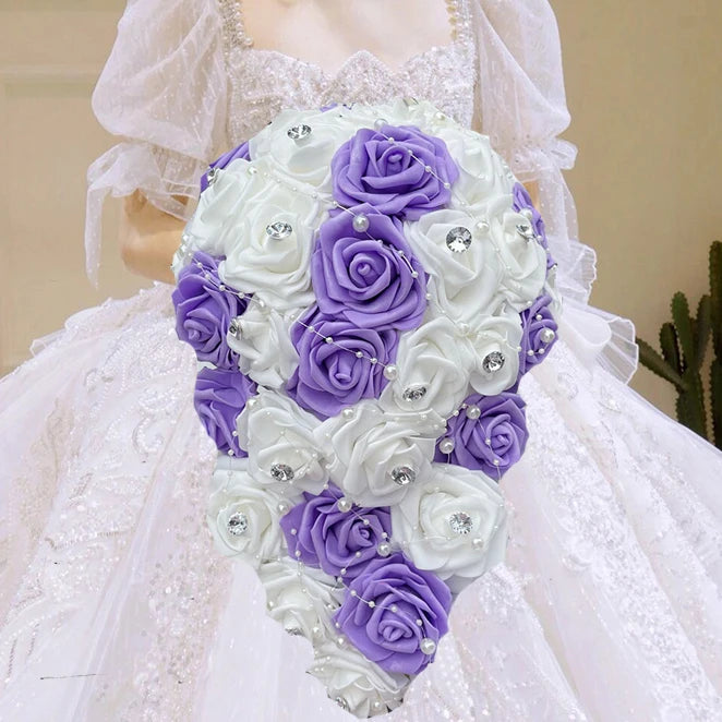 1PC/LOT Waterfall New Wedding Bouquet Bride Bridesmaid Pearl Rhinestone PE Rose Flower for Marriage