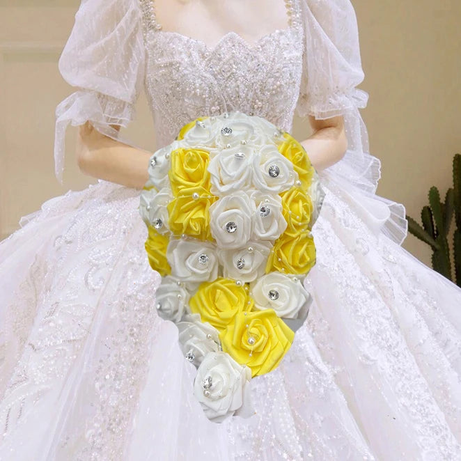 1PC/LOT Waterfall New Wedding Bouquet Bride Bridesmaid Pearl Rhinestone PE Rose Flower for Marriage