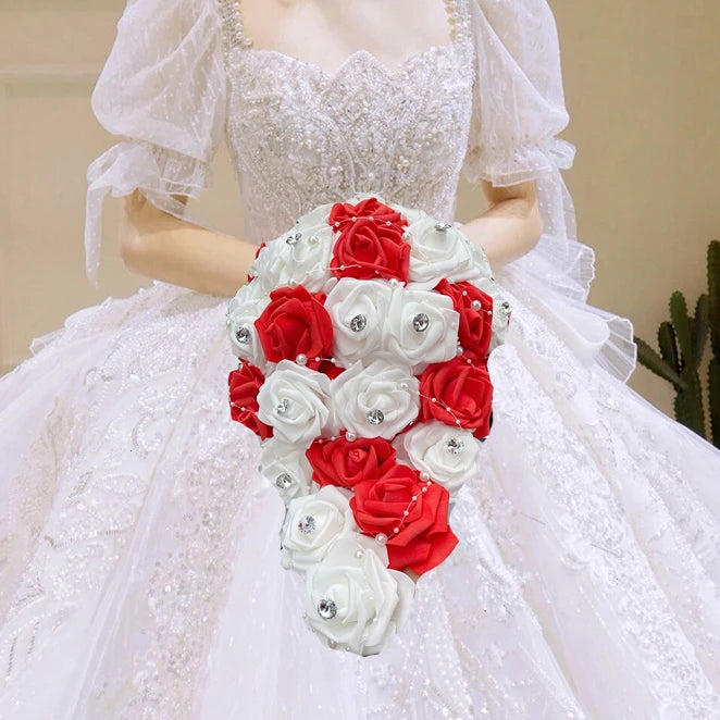 1PC/LOT Waterfall New Wedding Bouquet Bride Bridesmaid Pearl Rhinestone PE Rose Flower for Marriage