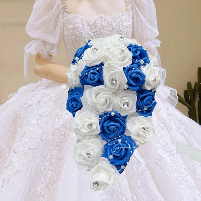 1PC/LOT Waterfall New Wedding Bouquet Bride Bridesmaid Pearl Rhinestone PE Rose Flower for Marriage