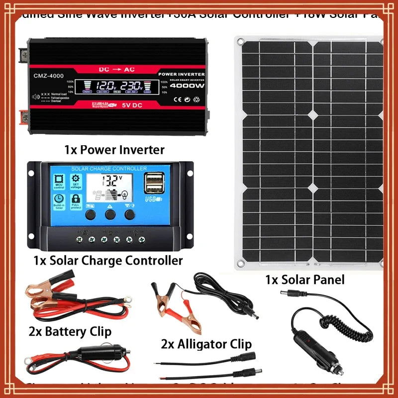 12V Solar Panel Camping Kit Plate Car Accessory Generator With Panels Set 220V Charge Sine Wave Inverter Power energia solar