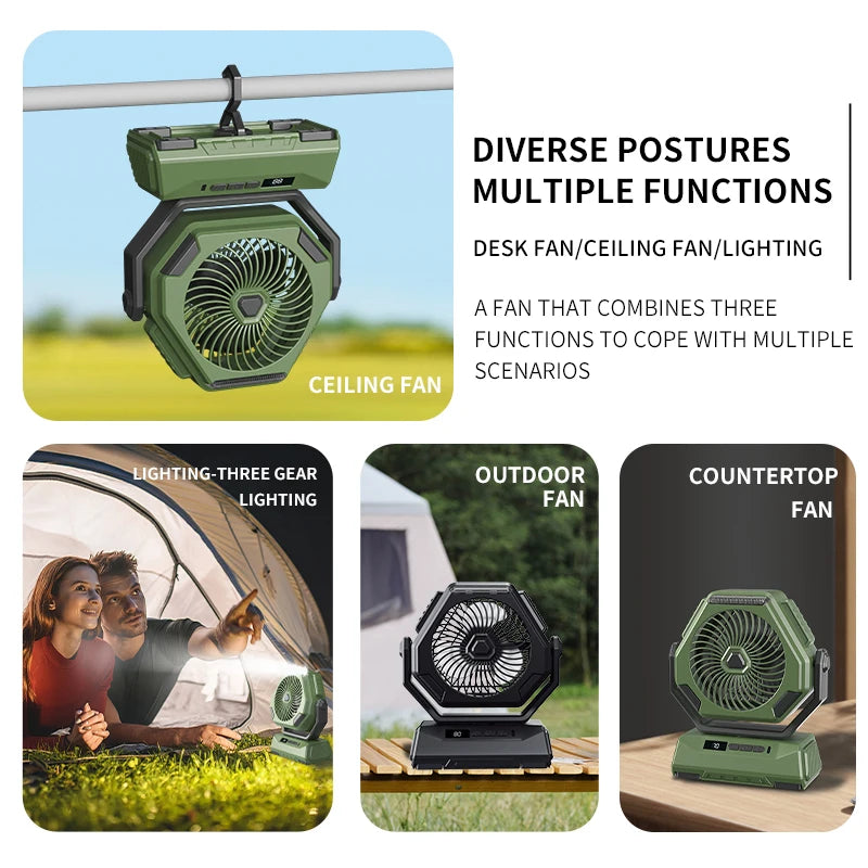 2024 New 6000mAh Camping Fan Rechargeable Outdoor Fan Ceiling Oscillating Fan Portable Air Conditioner Air Cooler with Lighting