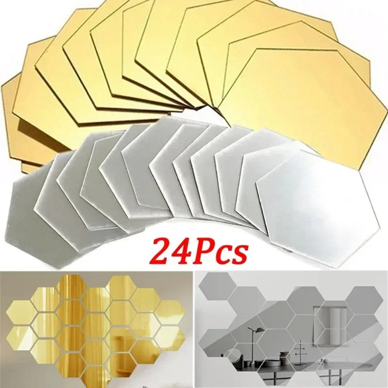 24Pcs Hexagon Mirror Wall Sticker Removable Wall Decals Acrylic Decorative Mirror DIY Decorations for Home Bedroom Living Room