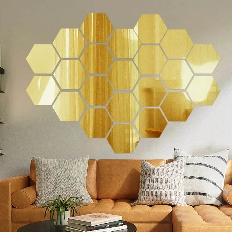 24Pcs Hexagon Mirror Wall Sticker Removable Wall Decals Acrylic Decorative Mirror DIY Decorations for Home Bedroom Living Room
