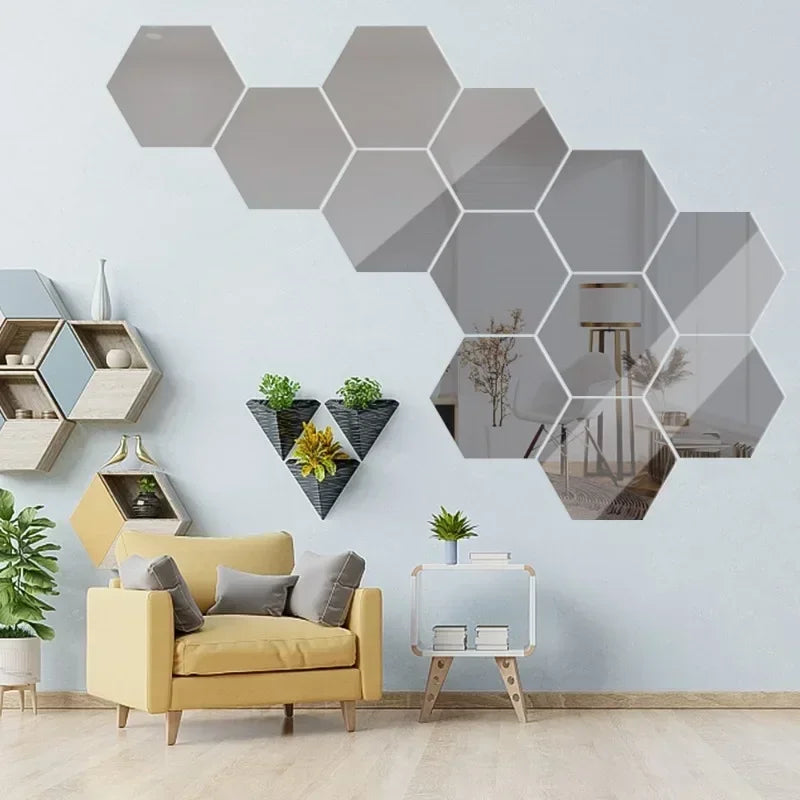 24Pcs Hexagon Mirror Wall Sticker Removable Wall Decals Acrylic Decorative Mirror DIY Decorations for Home Bedroom Living Room