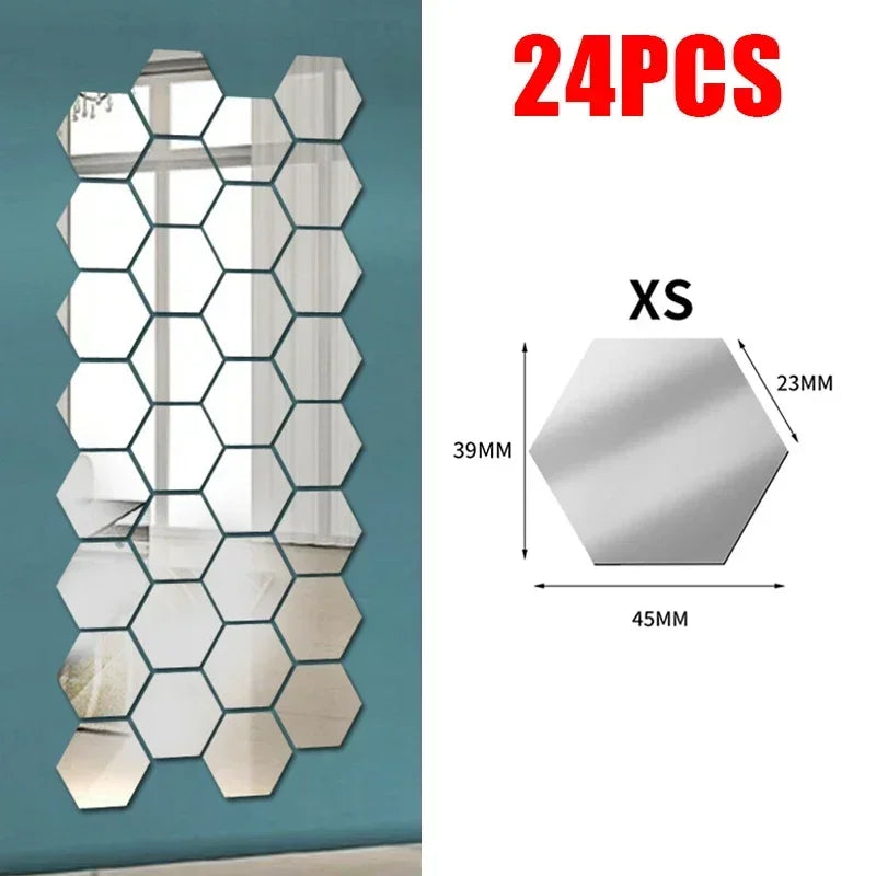 24Pcs Hexagon Mirror Wall Sticker Removable Wall Decals Acrylic Decorative Mirror DIY Decorations for Home Bedroom Living Room