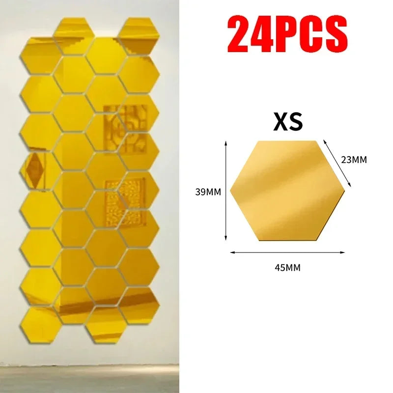 24Pcs Hexagon Mirror Wall Sticker Removable Wall Decals Acrylic Decorative Mirror DIY Decorations for Home Bedroom Living Room