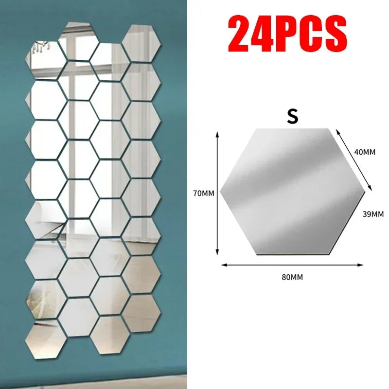 24Pcs Hexagon Mirror Wall Sticker Removable Wall Decals Acrylic Decorative Mirror DIY Decorations for Home Bedroom Living Room