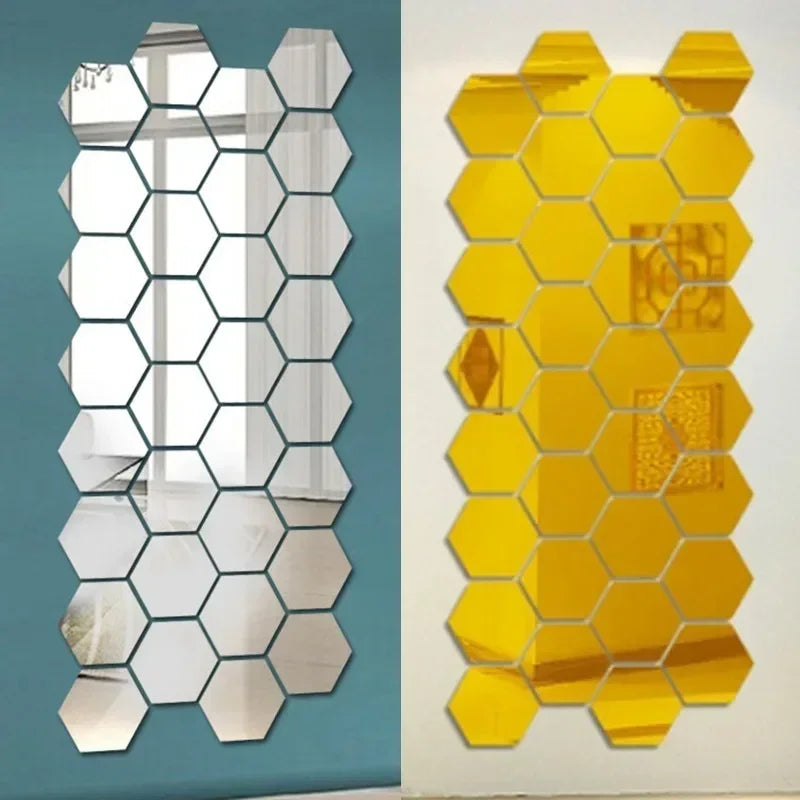 24Pcs Hexagon Mirror Wall Sticker Removable Wall Decals Acrylic Decorative Mirror DIY Decorations for Home Bedroom Living Room