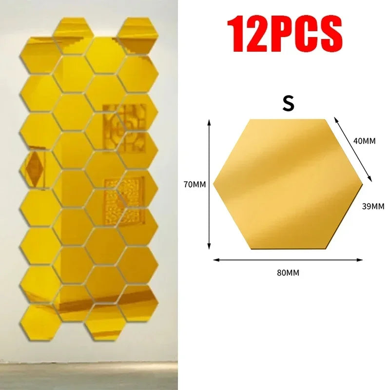 24Pcs Hexagon Mirror Wall Sticker Removable Wall Decals Acrylic Decorative Mirror DIY Decorations for Home Bedroom Living Room