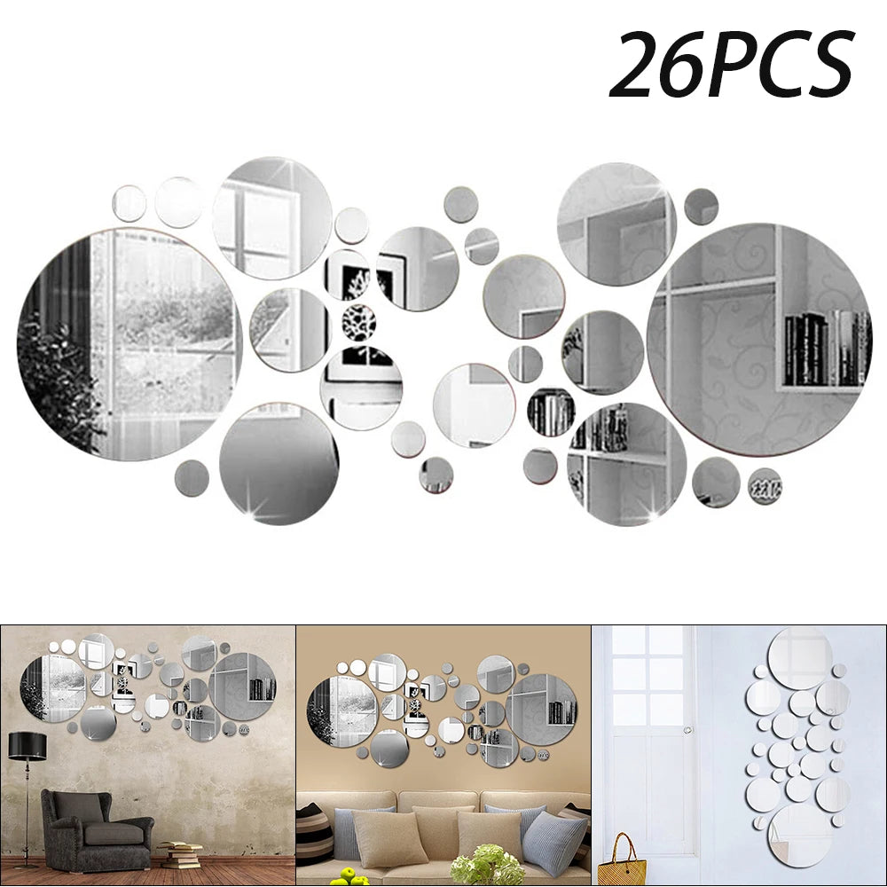 26Pcs Acrylic Mirror Wall Stickers Round Mirror Decal Self-Adhesive Wall Stickers DIY Art Mirror Home Living Room Decoration