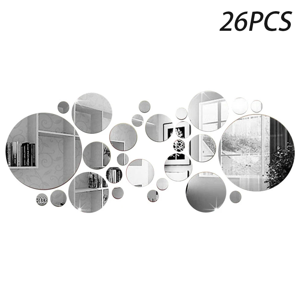 26Pcs Acrylic Mirror Wall Stickers Round Mirror Decal Self-Adhesive Wall Stickers DIY Art Mirror Home Living Room Decoration