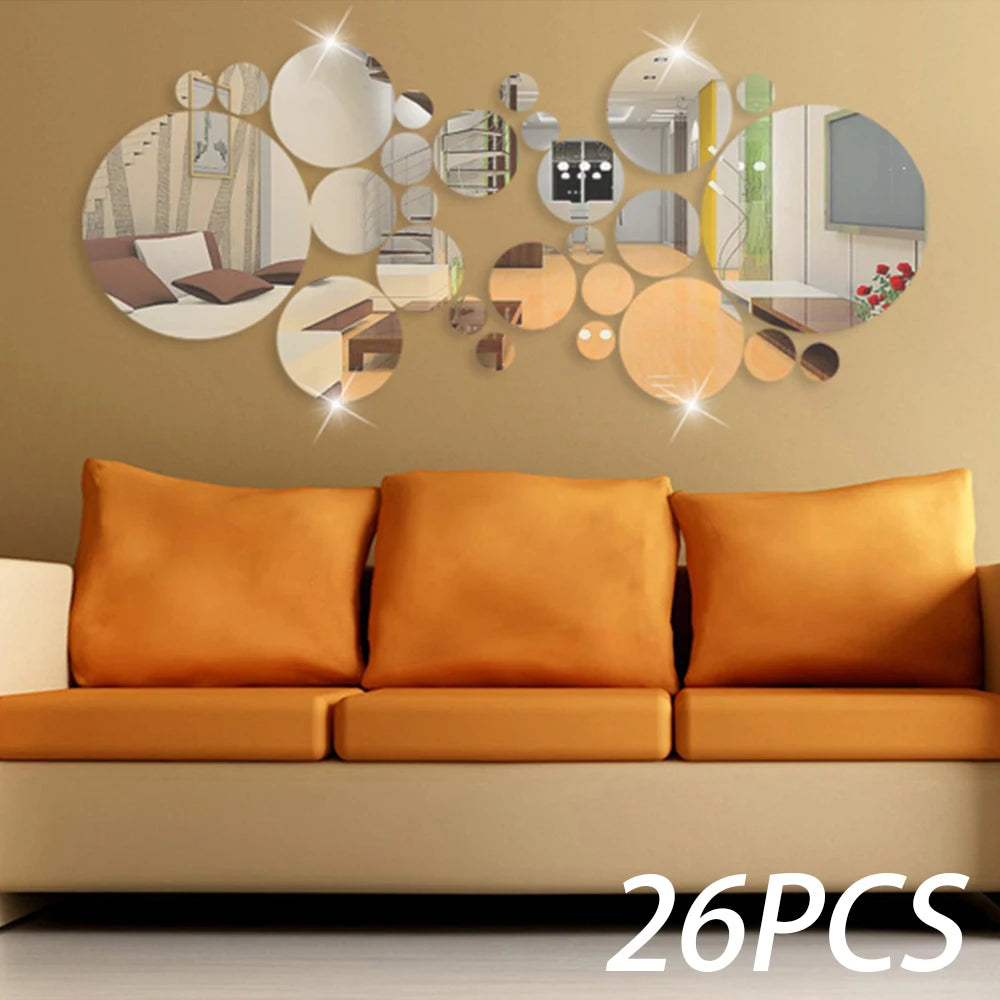26Pcs Acrylic Mirror Wall Stickers Round Mirror Decal Self-Adhesive Wall Stickers DIY Art Mirror Home Living Room Decoration