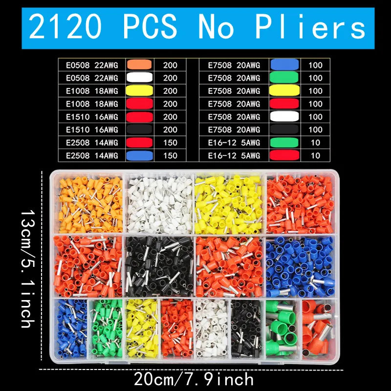 400-2120PCS Box,VE Tubular Crimp Terminals,Wire Insulated Terminator,Block Cord End Connector,Electrical Tube Terminal