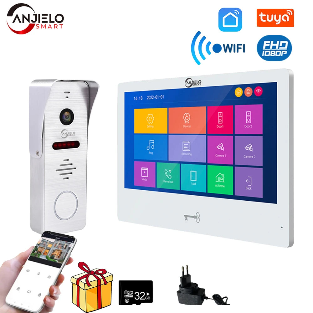 Anjielosmart Tuya 10 Inch Touch Monitor Smart Home Video Intercom System 1080P 160° Video Doorbell Camera Full Touch Monitor