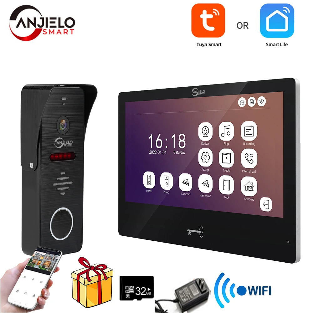 Anjielosmart Tuya 10 Inch Touch Monitor Smart Home Video Intercom System 1080P 160° Video Doorbell Camera Full Touch Monitor