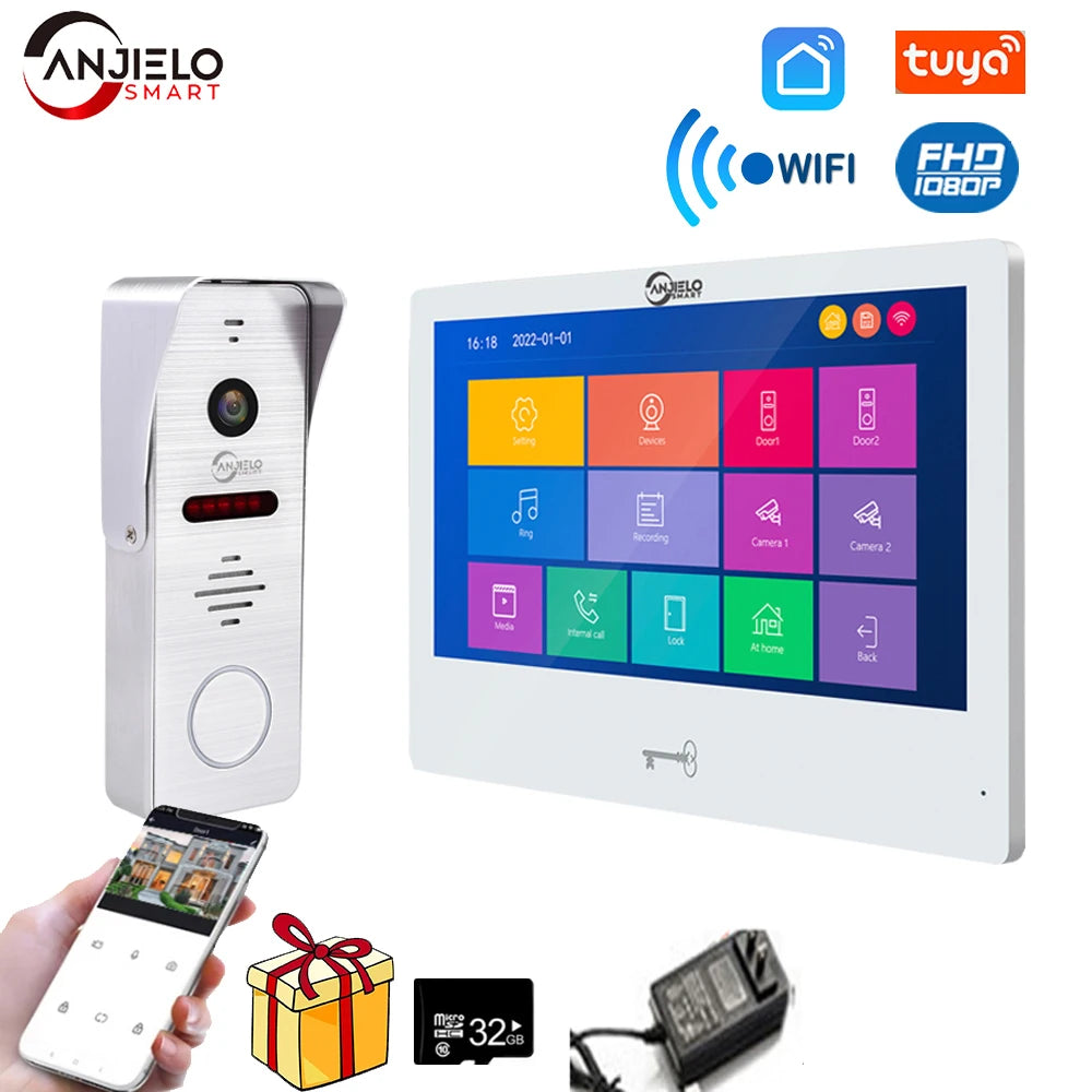 Anjielosmart Tuya 10 Inch Touch Monitor Smart Home Video Intercom System 1080P 160° Video Doorbell Camera Full Touch Monitor
