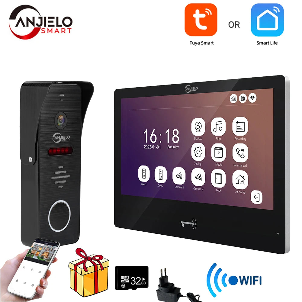 Anjielosmart Tuya 10 Inch Touch Monitor Smart Home Video Intercom System 1080P 160° Video Doorbell Camera Full Touch Monitor