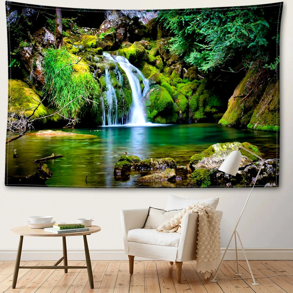 Cave Waterfall Scenery Tapestry Wall Hanging Minimalist Natural Art Scenery Hippie Tapiz Aesthetic Room Home Decor