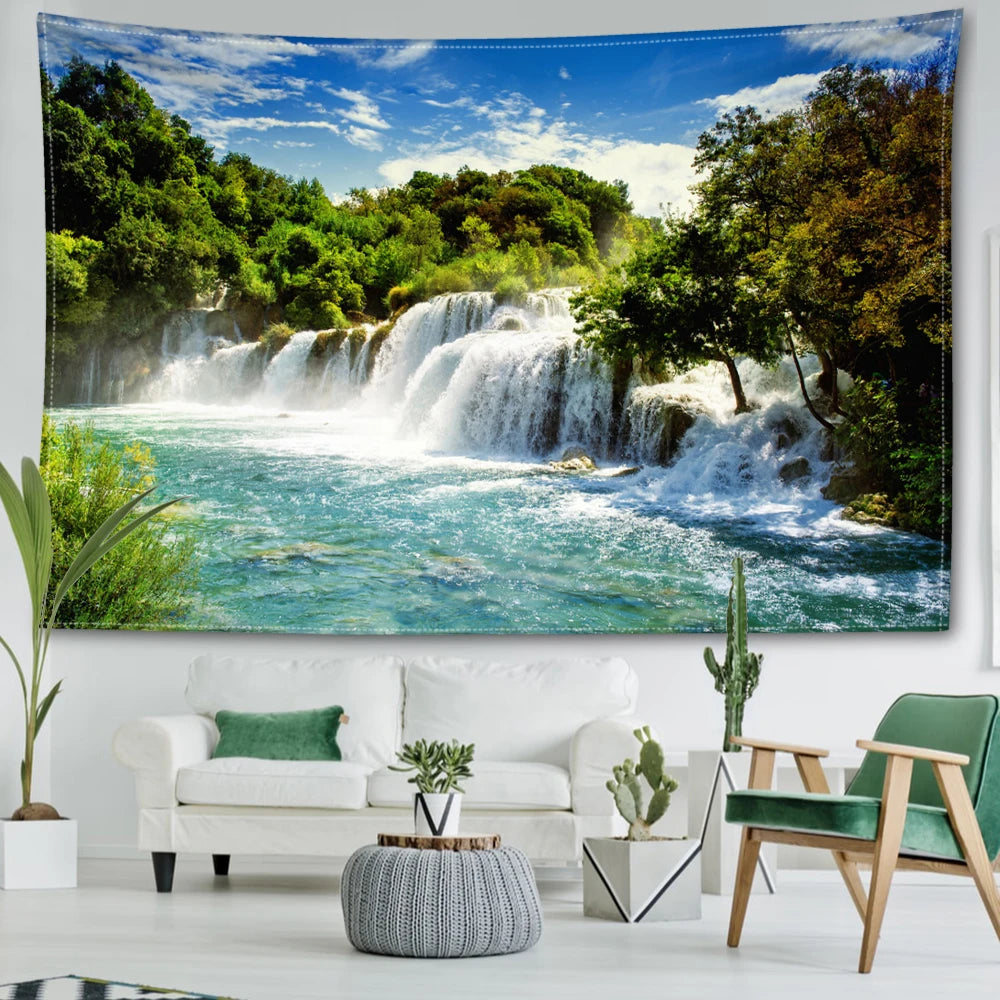 Cave Waterfall Scenery Tapestry Wall Hanging Minimalist Natural Art Scenery Hippie Tapiz Aesthetic Room Home Decor