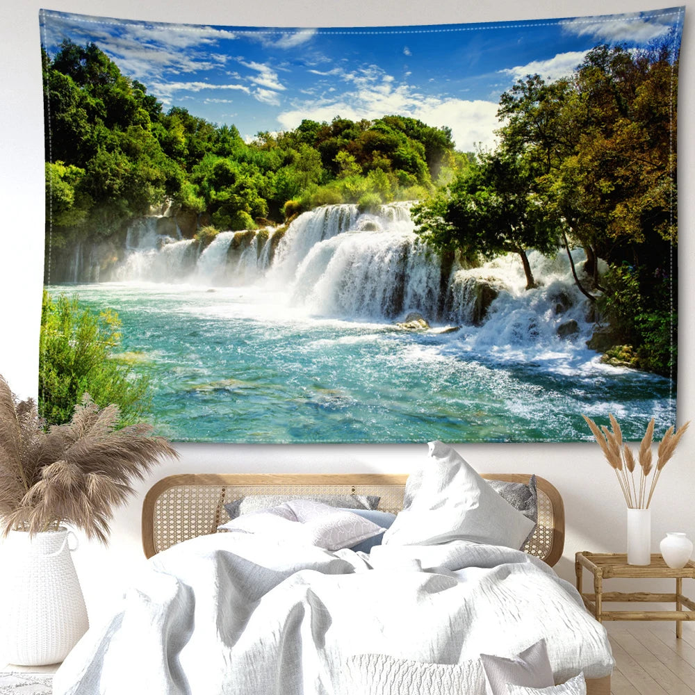 Cave Waterfall Scenery Tapestry Wall Hanging Minimalist Natural Art Scenery Hippie Tapiz Aesthetic Room Home Decor