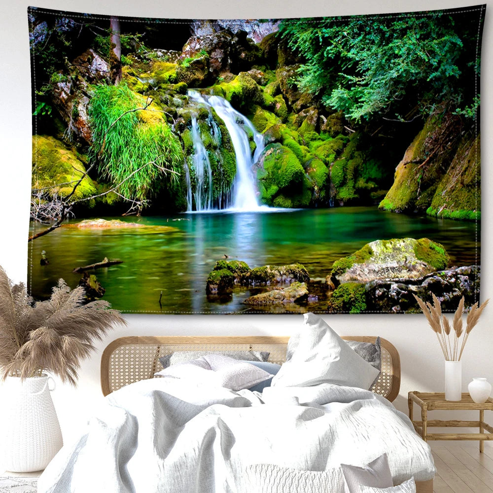 Cave Waterfall Scenery Tapestry Wall Hanging Minimalist Natural Art Scenery Hippie Tapiz Aesthetic Room Home Decor
