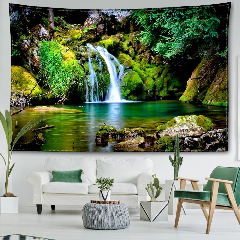 Cave Waterfall Scenery Tapestry Wall Hanging Minimalist Natural Art Scenery Hippie Tapiz Aesthetic Room Home Decor