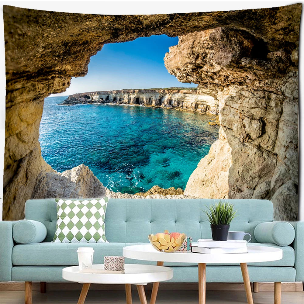 Cave Waterfall Scenery Tapestry Wall Hanging Minimalist Natural Art Scenery Hippie Tapiz Aesthetic Room Home Decor