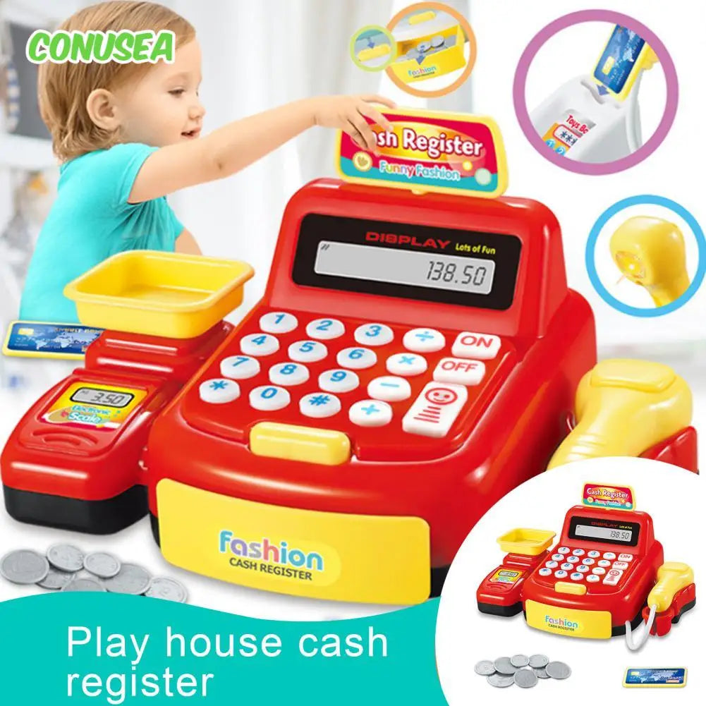 Children's Cash Register Calculator Pretent Play House Toy with Light Sound Coins Supermarket Cashier Games Toys for Girls Boys