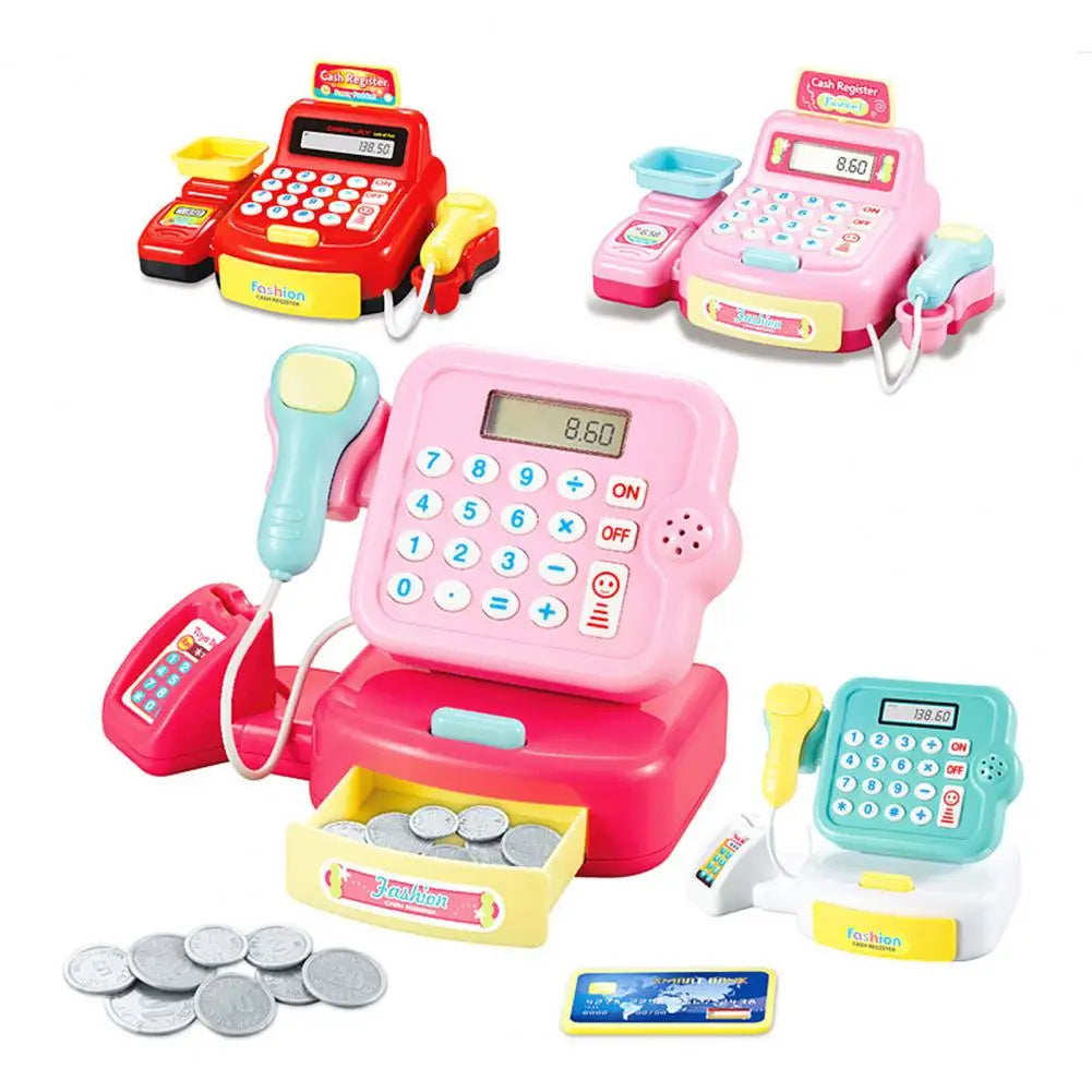 Children's Cash Register Calculator Pretent Play House Toy with Light Sound Coins Supermarket Cashier Games Toys for Girls Boys