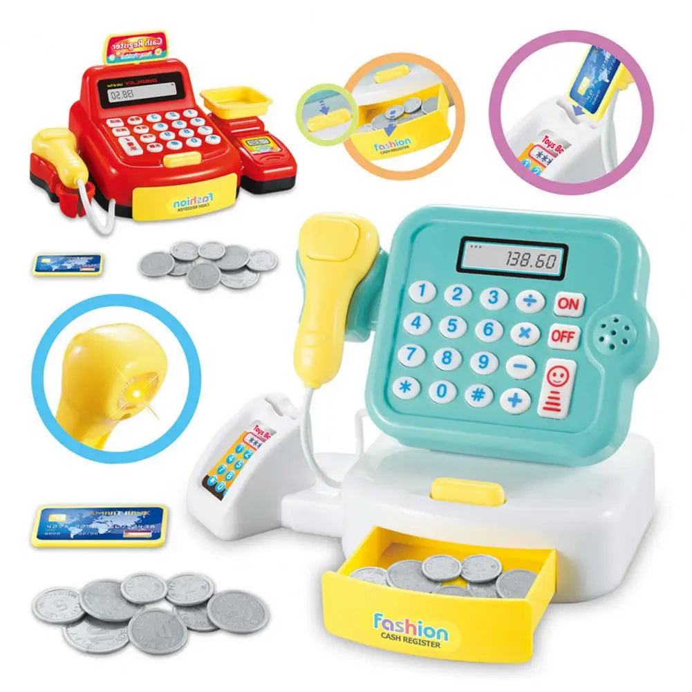 Children's Cash Register Calculator Pretent Play House Toy with Light Sound Coins Supermarket Cashier Games Toys for Girls Boys