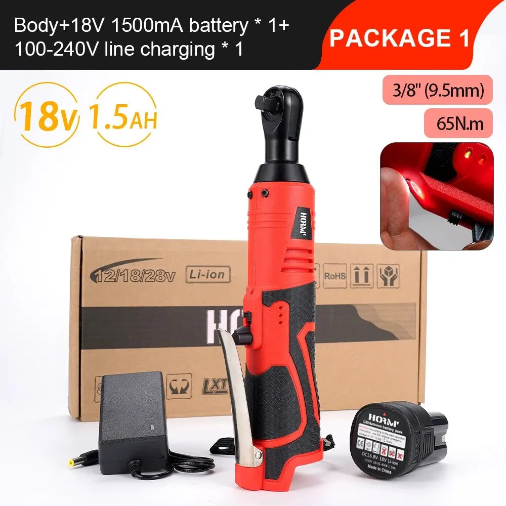 Hormy 3/8 Inch Cordless Electric Wrench 65Nm Right Angle Ratchet Wrenches 18V Rechargeable Car Repair Tool Set Angle Wrench