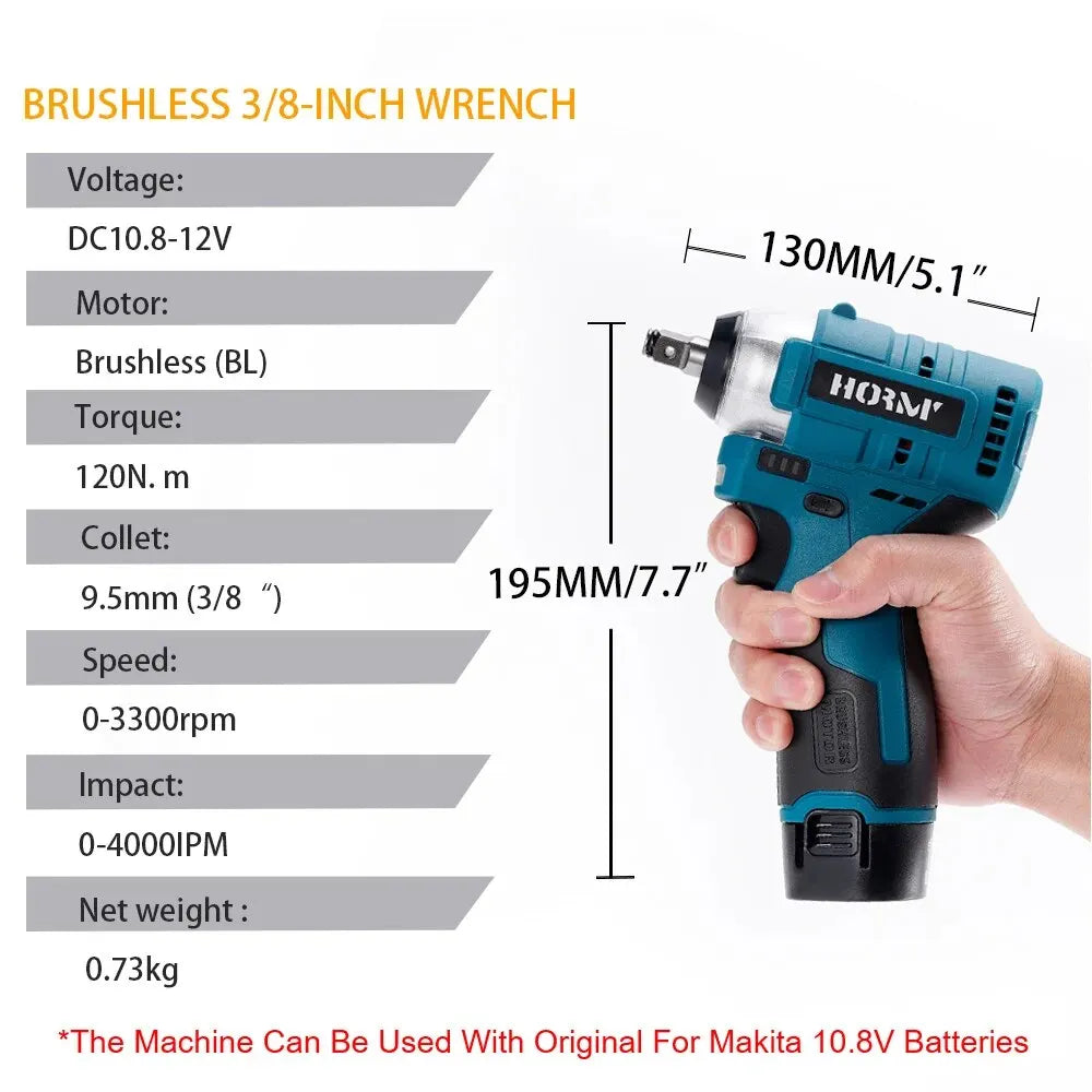 Hormy Brushless 120N.m Electric Impact Wrench 3/8 Inch Mini Cordless Torque Power DIY Tools For Makita 10.8V Lithium-Ion Battery