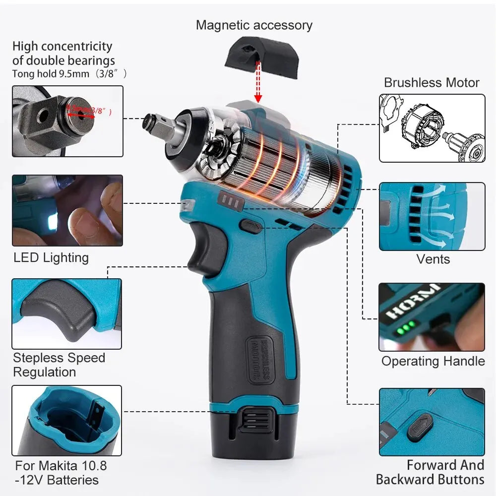 Hormy Brushless 120N.m Electric Impact Wrench 3/8 Inch Mini Cordless Torque Power DIY Tools For Makita 10.8V Lithium-Ion Battery