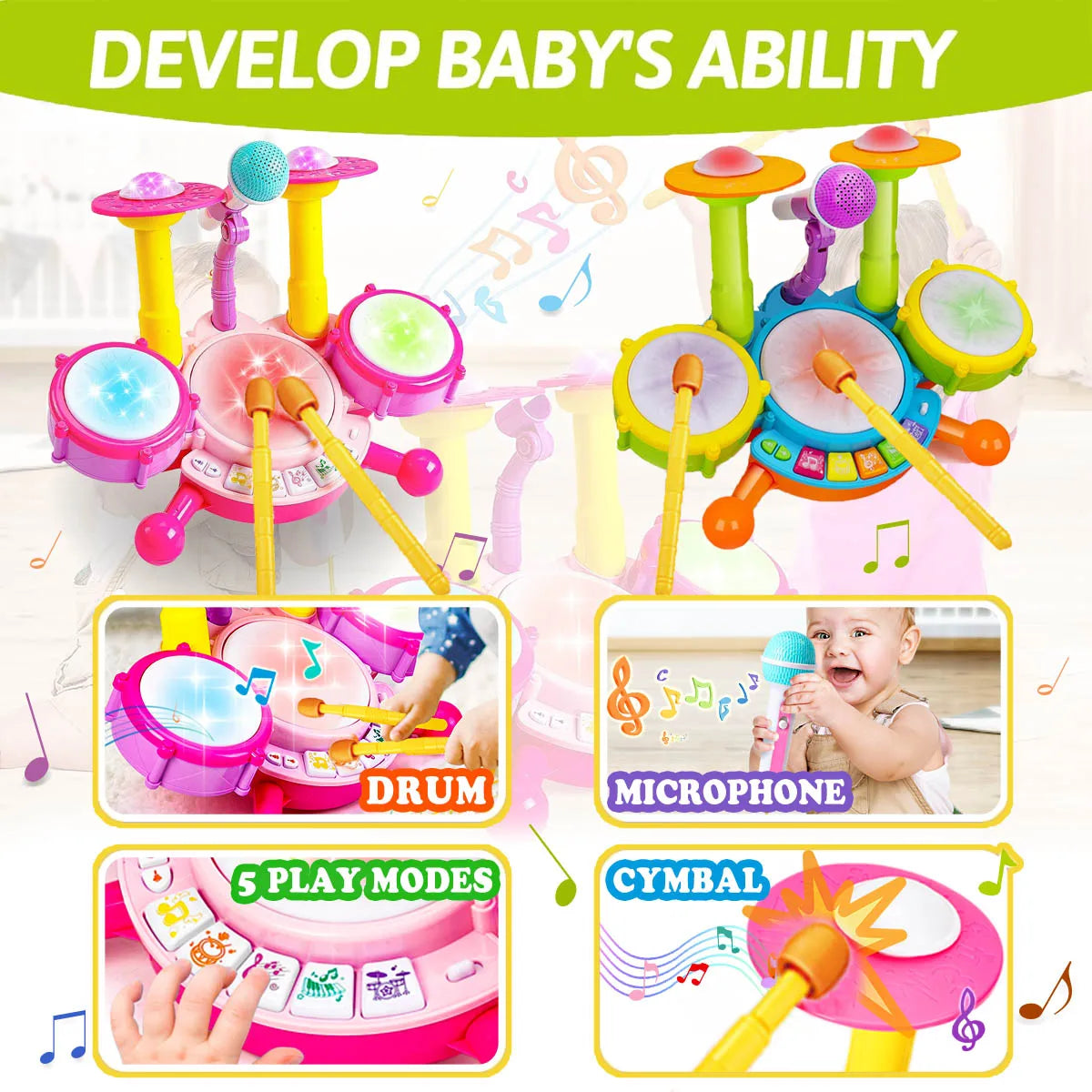 Kids Drum Set Toddlers Musical Baby Educational Instruments Toys for Toddlers Girl Microphone Learning Activities Gifts