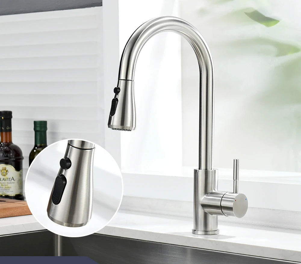 Kitchen Faucet Brushed Nickel Color Surface Hot and Cold Water Faucet Kitchen Sink Faucet Pull-out Kitchen Faucet Single Hole