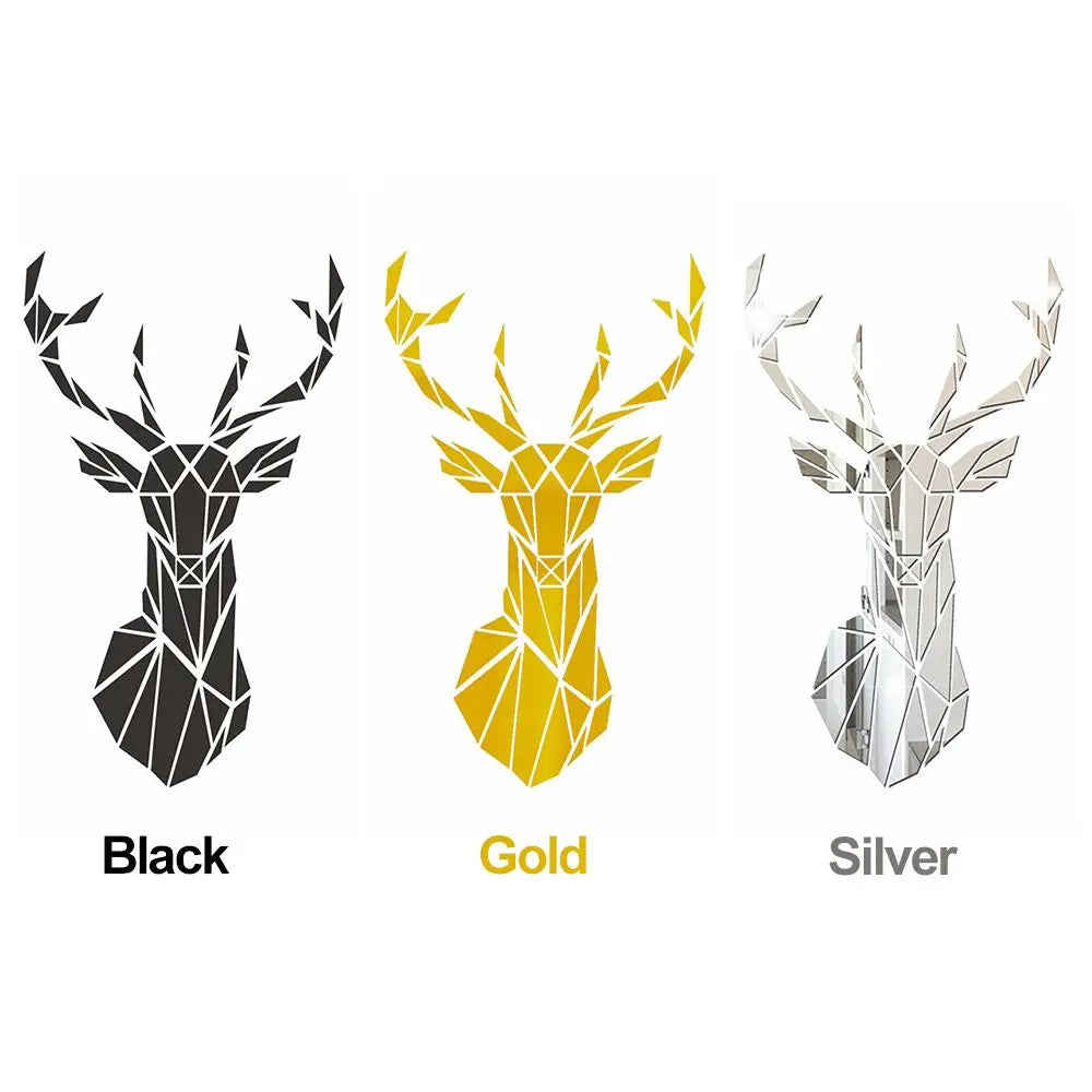 Multiple Sizes 3D Deer Head Stickers Mirror Surface Decals DIY Self-adhesive Wall Art Mirror Stickers Home Decoration Mural Gift