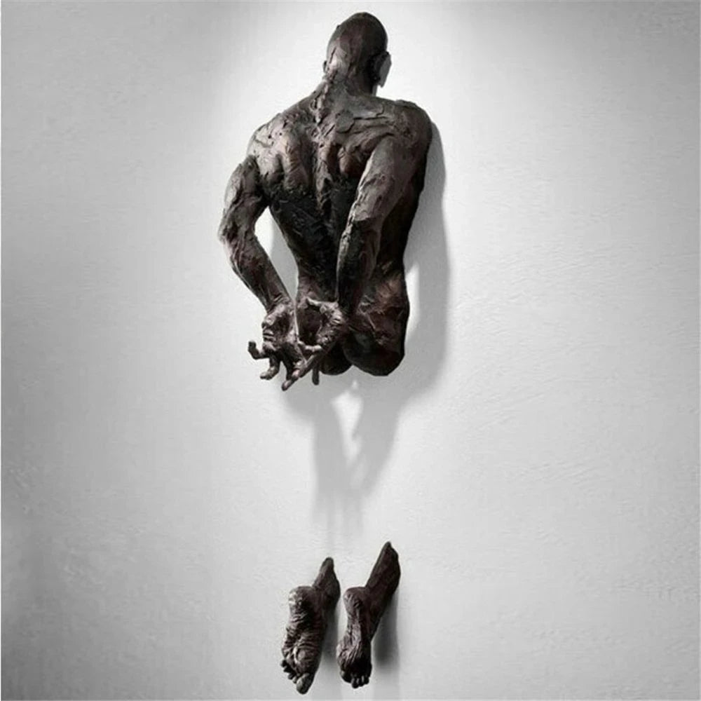 New Imitation Copper Wall Decor Abstract Character Resin Rock Climbing Man Statue Sculpture Background Wall Art 3D Through Wall