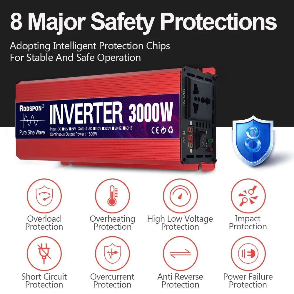 RDDSPON Pure Sine Wave Inverter DC 12V To AC 110V 220V 50Hz 1000W 1600W 2200W 3000W Transformer Power Converter Solar Inverters