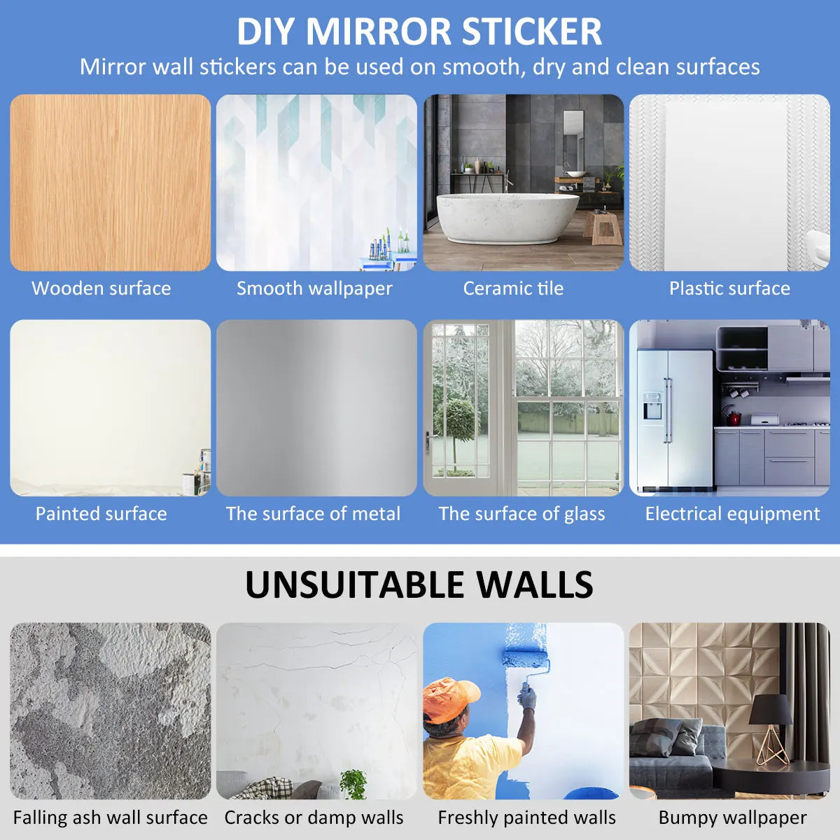 Self Adhesive Mirror Stickers Flexible Mirrors Sheets Cuttable PET Non Glass Mirror Stickers DIY Decor for Bathroom Bedroom Gym