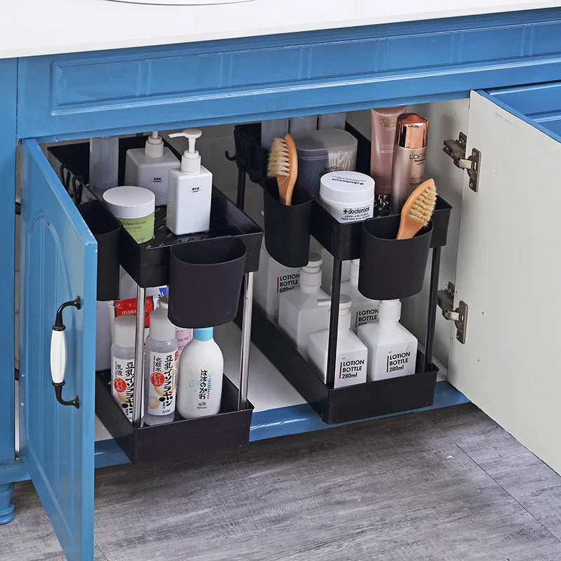 Under Bathroom Sink Storage 2 Tier Kitchen Drawer Organizer Bath Collection Baskets Under Sink Cabinet Storage Holder with Hooks